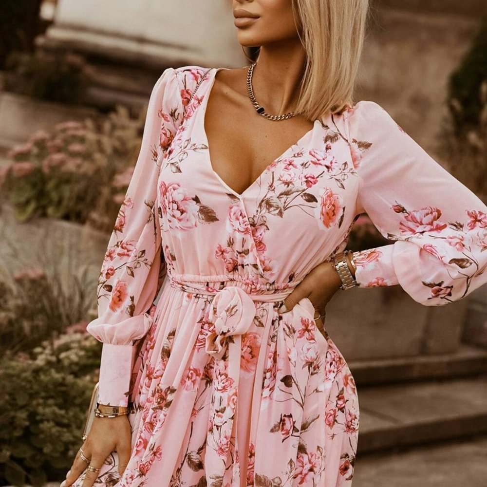 Floral Print Long Sleeved Split Thigh Maxi  Dress Pink - Picture 5 of 7